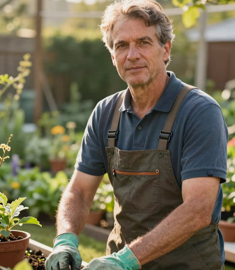 Warm environmental portrait of a professional gardener working in a sunlit, clean domestic garden, looking confidently at the camera, natural morning light, medium close-up.