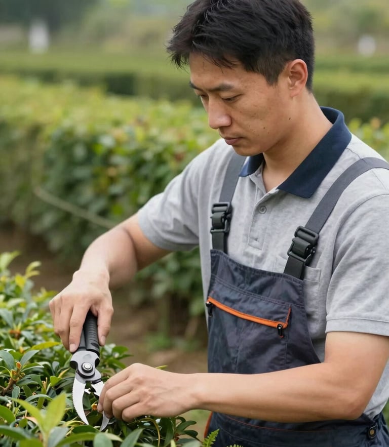 Medium close-up of a professional gardener in clean workwear pruning a hedge with precision, soft natural daylight, looking confident