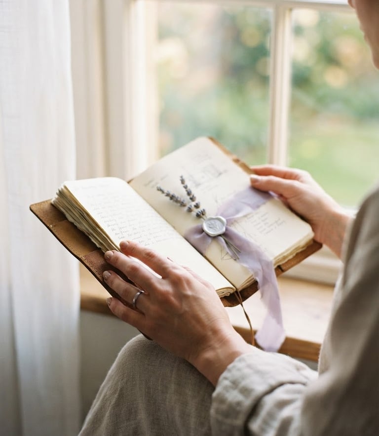 Elegant lifestyle photography of hands holding a leather journal, soft morning window light, lavender silk ribbon, shallow depth of field, 35mm