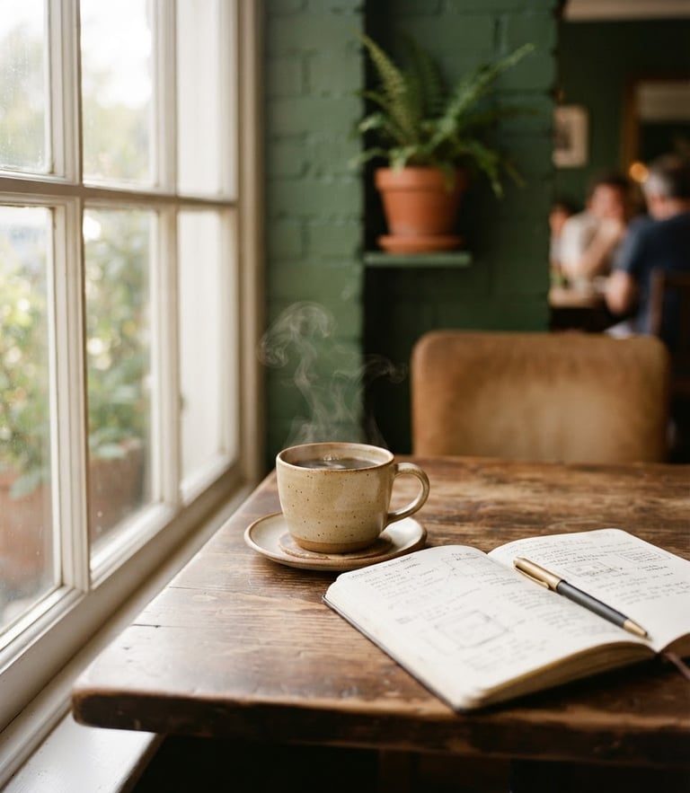 Warm editorial photography of a quiet cafe corner, soft natural window light casting long shadows on a wooden table, a steaming ceramic mug of coffee beside an open notebook, 35mm