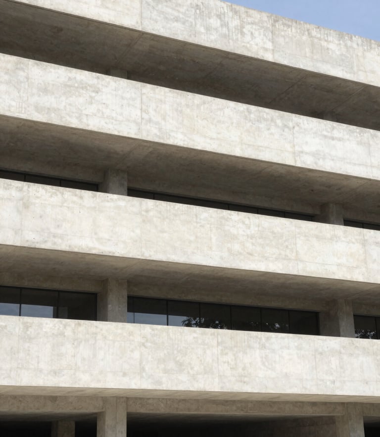 Crisp architectural photography of a modern concrete building facade in northern Veracruz, clean geometric lines, bright natural daylight, wide-angle 35mm lens