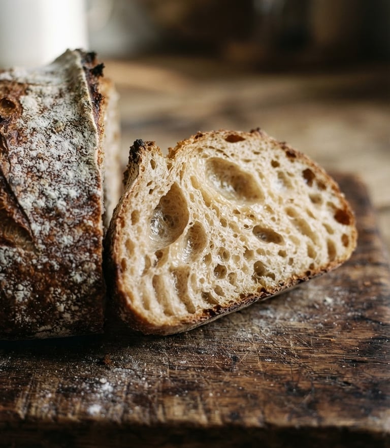 Close-up macro shot of a freshly sliced sourdough boule showing open, wild crumb, flour-dusted crust on a dark wooden surface, soft morning window light, 35mm.
