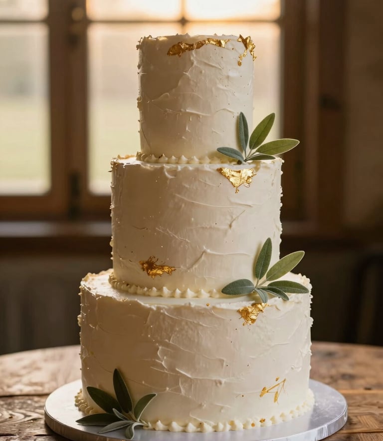 A stunning three-tiered wedding cake with rustic textured white buttercream, adorned with wild mountain sage leaves and delicate gold leaf details, soft golden hour light.