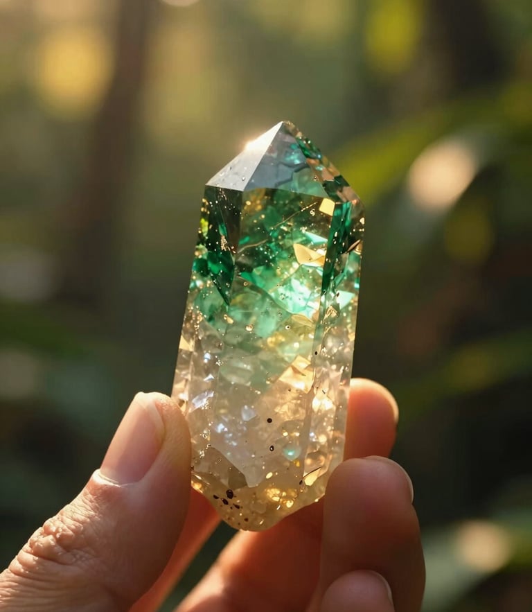 Close-up of raw quartz crystal catching golden hour sunlight, hand holding a polished gemstone, warm mystical photography, 35mm