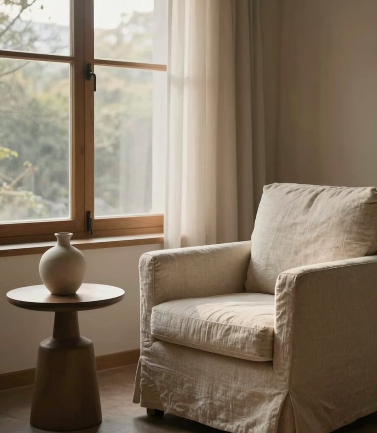 Wide environmental shot of a serene, warm therapeutic room with a comfortable linen armchair next to a large window, soft morning daylight filtering through, minimalist ceramic vase on a side table, calm atmosphere.