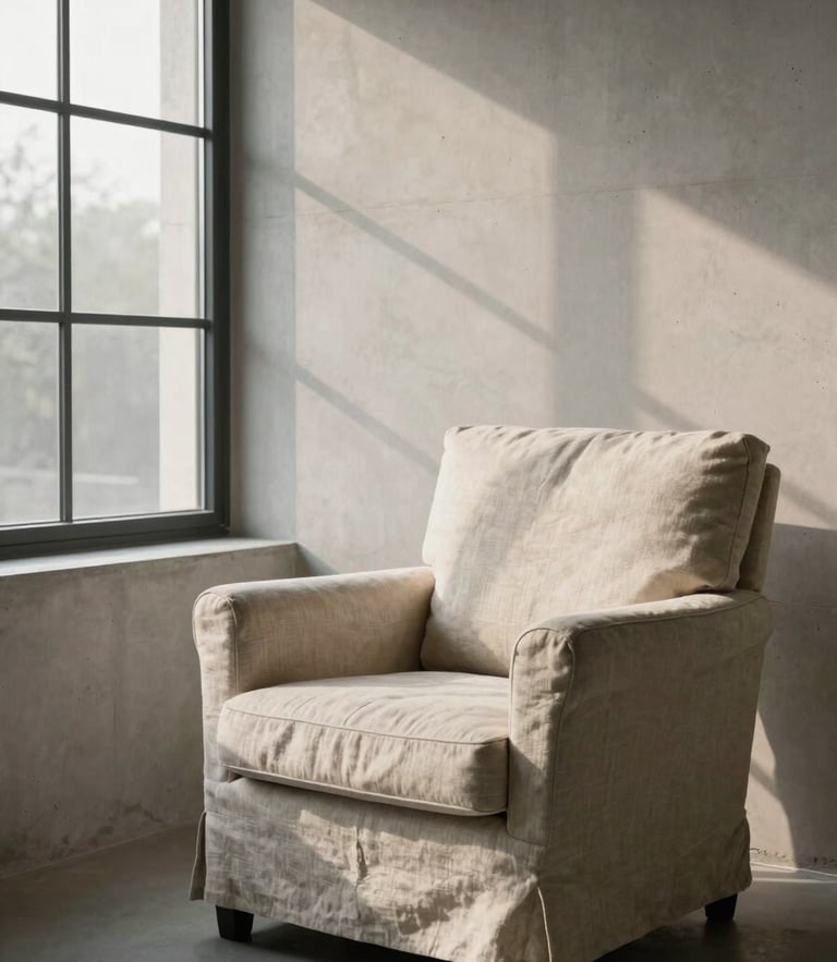 A quiet therapeutic room with a comfortable linen armchair next to a large window, soft morning light casting gentle shadows on a light concrete wall