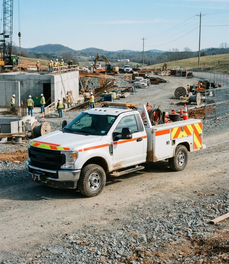 A sharp industrial photograph of a white Griffin utility vehicle with safety-orange stripes parked at a North Carolina infrastructure site, bright natural daylight, 35mm