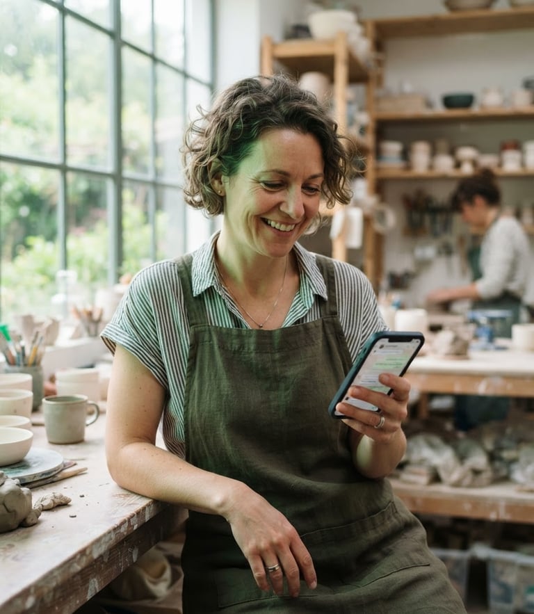 Medium close-up of a local business owner in a modern workshop holding a mobile phone displaying a clean WhatsApp chat interface, bright natural window light with subtle green screen glow, editorial lifestyle photography, 50mm lens.