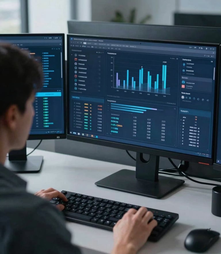 Over-the-shoulder workspace view of a digital analyst reviewing high-contrast data dashboards on multiple screens, cool crisp studio lighting, deep blue and slate tones, 35mm