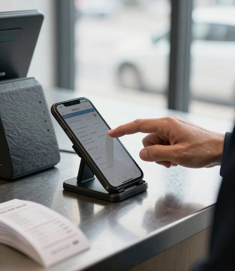 A close-up photograph of a merchant's hand tapping a smartphone screen on a metal checkout counter, bright natural window light, crisp slate-gray tablet stand visible next to a stack of paper receipts.
