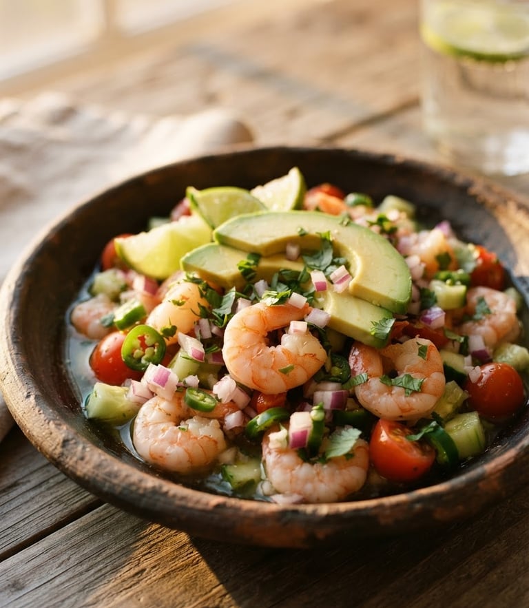 Close-up of fresh Mexican shrimp ceviche with lime slices and avocado on a rustic clay plate, warm golden hour sunlight, 35mm food photography