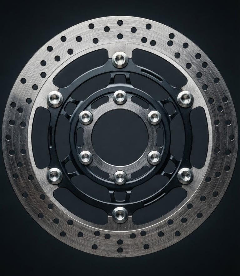 Close-up of a high-performance motorcycle brake rotor, metallic highlights, deep charcoal background, sharp product photography, 50mm lens