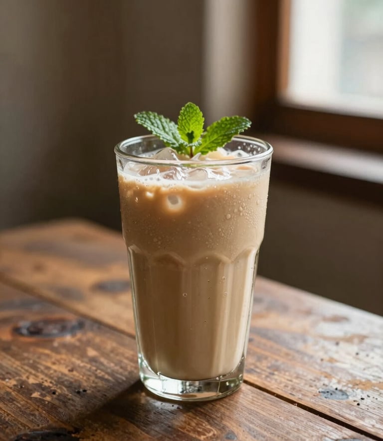 Warm side-lit editorial food photography of a refreshing chilled sattu drink in clear glassware with condensation, mint garnish, rustic wooden table, shallow depth of field, 35mm.