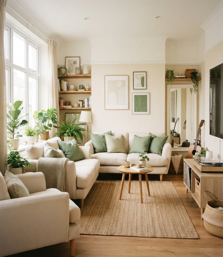 Warm editorial photography of a bright, clean, fully furnished shared living room with natural window light, soft cream and green tones, orderly environment.