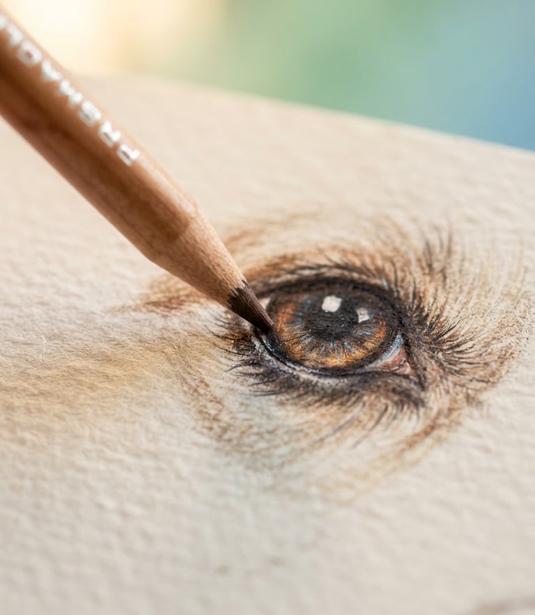 Macro shot of a colored pencil tip drawing a dog's expressive eye on heavily textured paper, warm morning light, soft mint green background