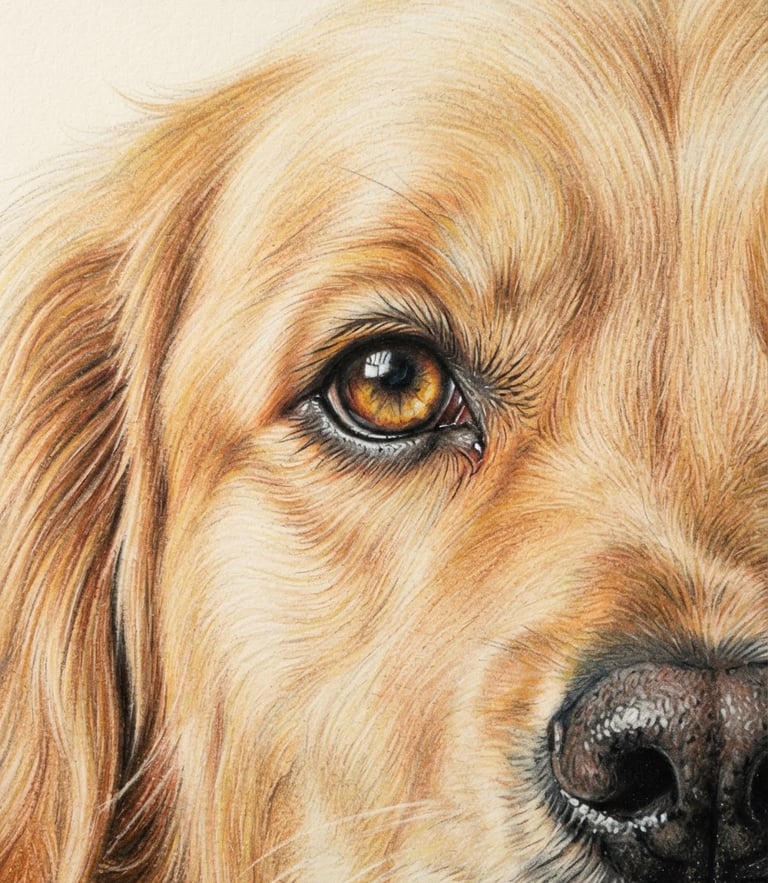 Warm macro photograph of a colored pencil drawing of a golden retriever's expressive eyes, soft natural daylight highlighting the physical wax texture and detailed paper grain