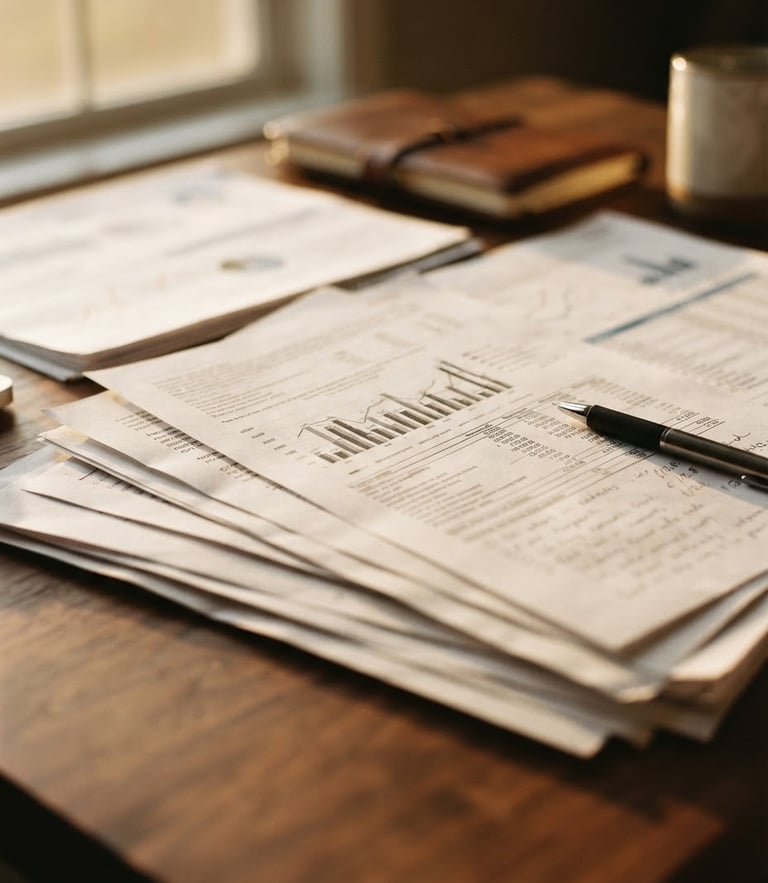 Warm editorial close-up photography of structured financial documents on a rich wooden table, soft golden-hour window light, shallow depth of field, 35mm