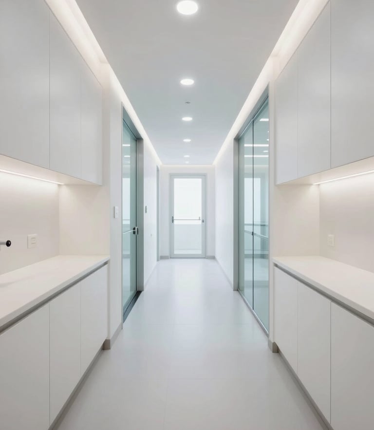 One-point perspective architectural photograph of an empty, ultra-clean dental clinic hallway in Casablanca. Symmetrical design with seamless white Corian surfaces, custom medical cabinetry integrated into the walls, and clean architectural glass panels. Bright, natural daylight mixed with cool-toned LED strip lighting. No people.