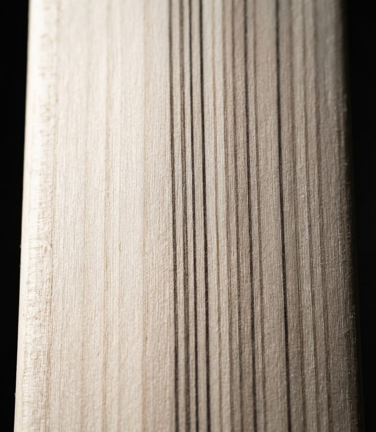 A close-up macro shot of a cricket bat's pristine English willow grain, showing the tight, straight growth rings under dramatic side lighting, high-contrast athletic style.