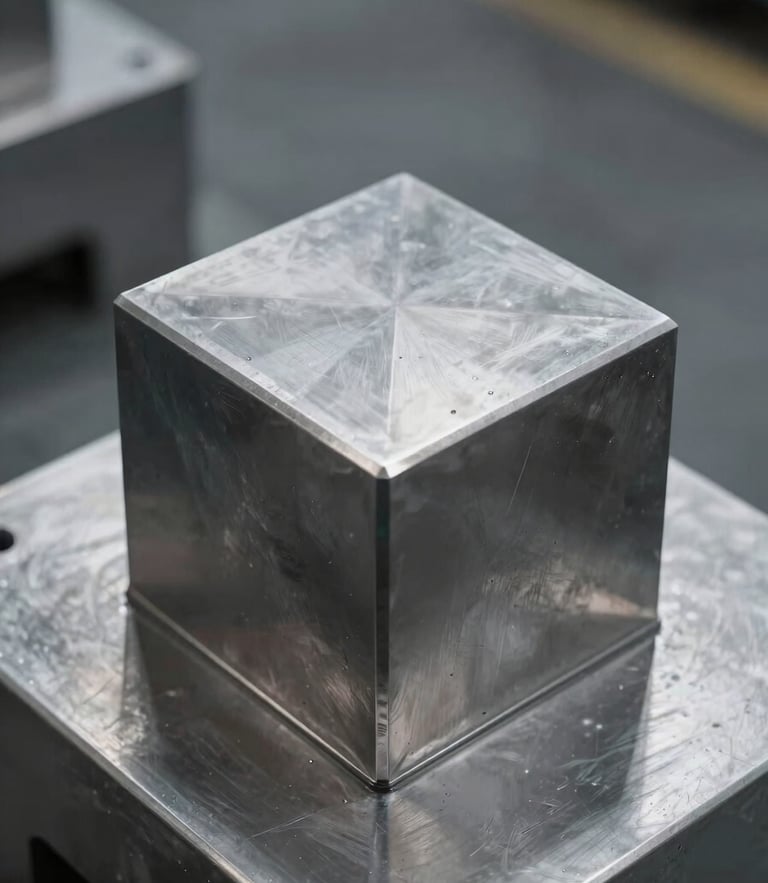 Industrial stainless steel grinding assembly, straight-on geometric elevation, dramatic rim lighting on metallic edges, cool steel tones.