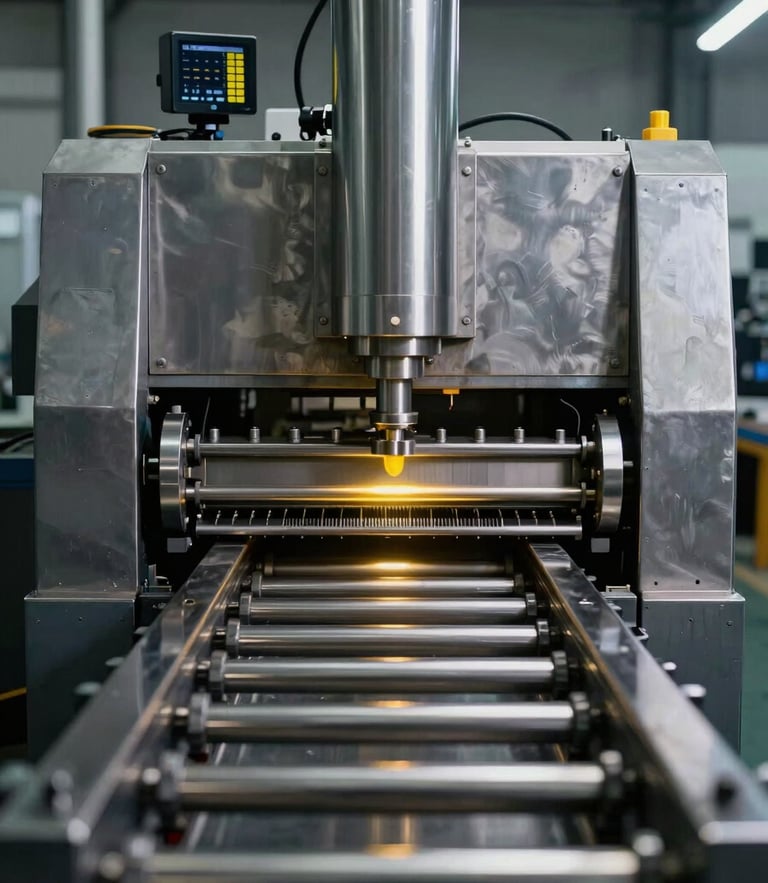 Straight-on architectural shot of a heavy-duty stainless steel industrial forming machine, cool steel tones, dramatic yellow telemetry highlights, sharp depth of field