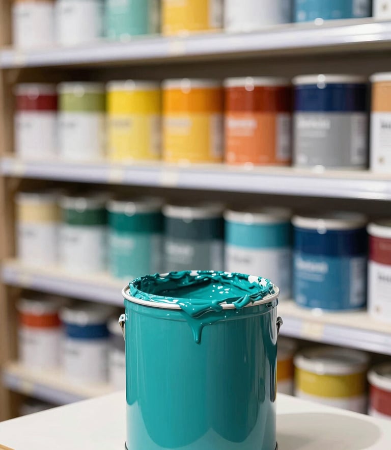 Vibrant editorial photography of rich teal and saffron paint being mixed in a bright, sunlit professional store, sharp focus, shallow depth of field
