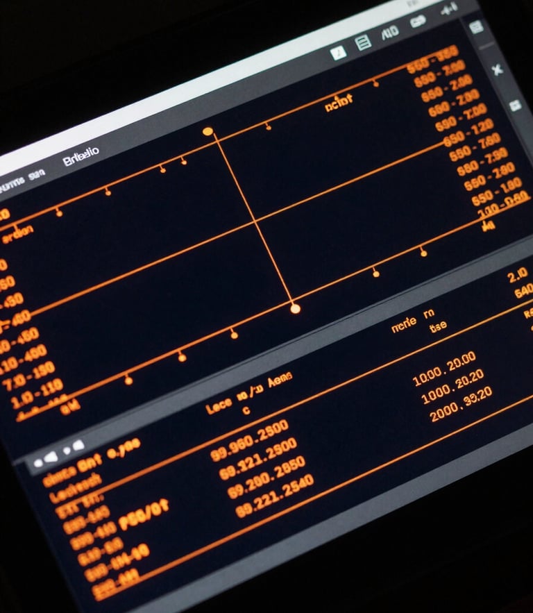 Top-down macro shot of a dark high-contrast screen displaying a real-time focus telemetry interface with sharp orange data plots and monospaced metrics, low-key side lighting.