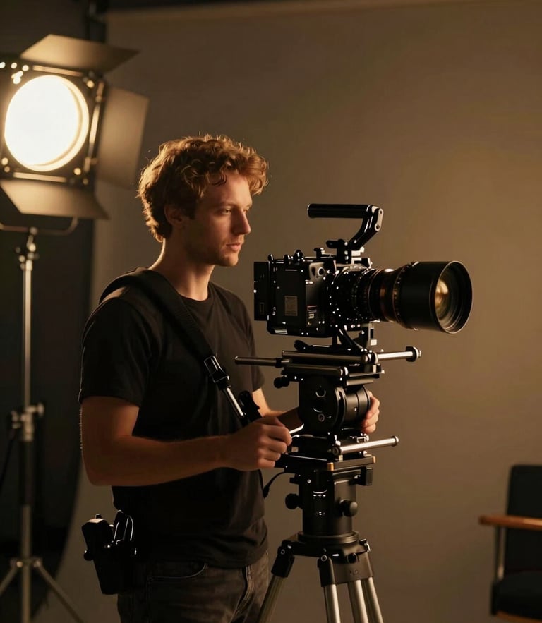 A professional director with a high-end cinema rig on a shoulder mount, golden hour rim light, low-key studio lighting, 35mm cinematic film.