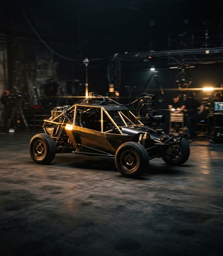 Cinematic film photography of a sleek gold tracking car moving through a dark, high-contrast studio, dramatic rim lighting, anamorphic lens.