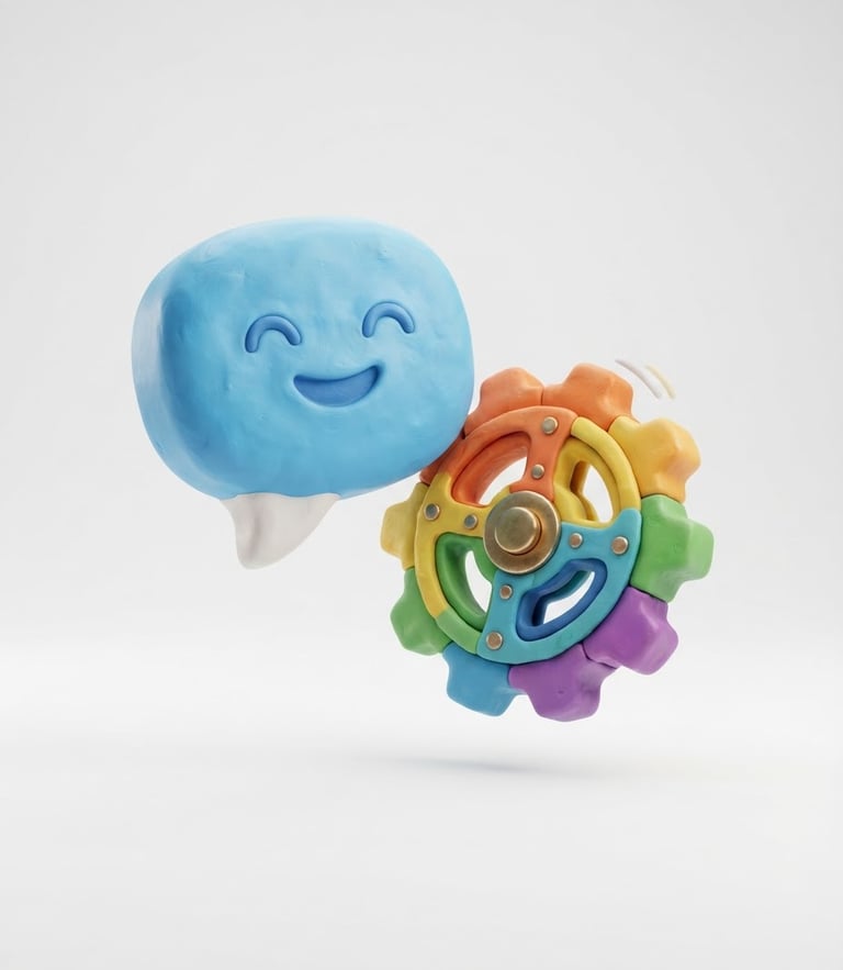 3d clay illustration of a friendly floating message bubble and a colorful gear, soft studio lighting, clean white background, smooth rounded shapes