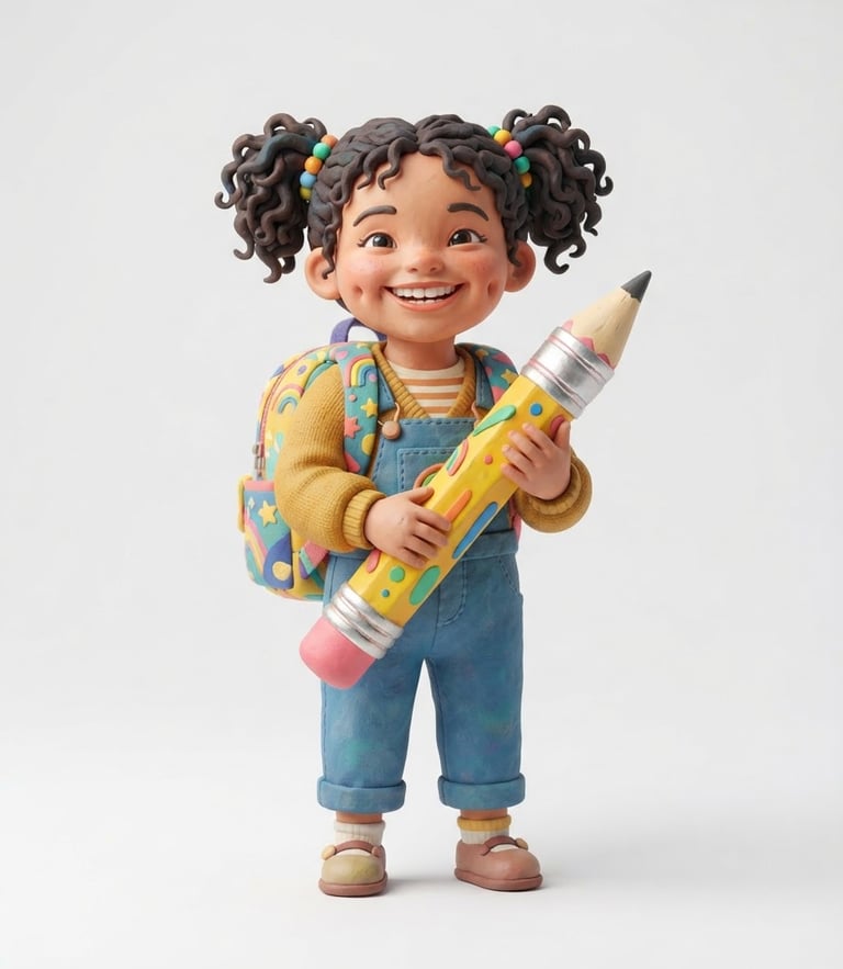 3d clay illustration of a happy child wearing a colorful backpack and holding a giant pencil, smiling warmly, soft studio lighting, clean white background