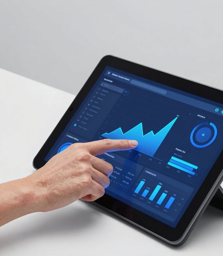 Primer plano de manos de un profesional interactuando con un panel táctil moderno que muestra gráficos de datos limpios, iluminación de estudio brillante, tonos grises y azul eléctrico.