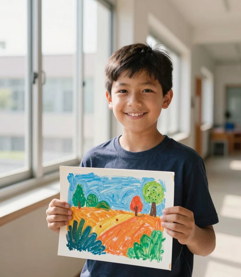 Warm editorial photography of a smiling boy in a school hallway holding a colorful painting, natural window light, bright authentic colors, shallow depth of field, 35mm