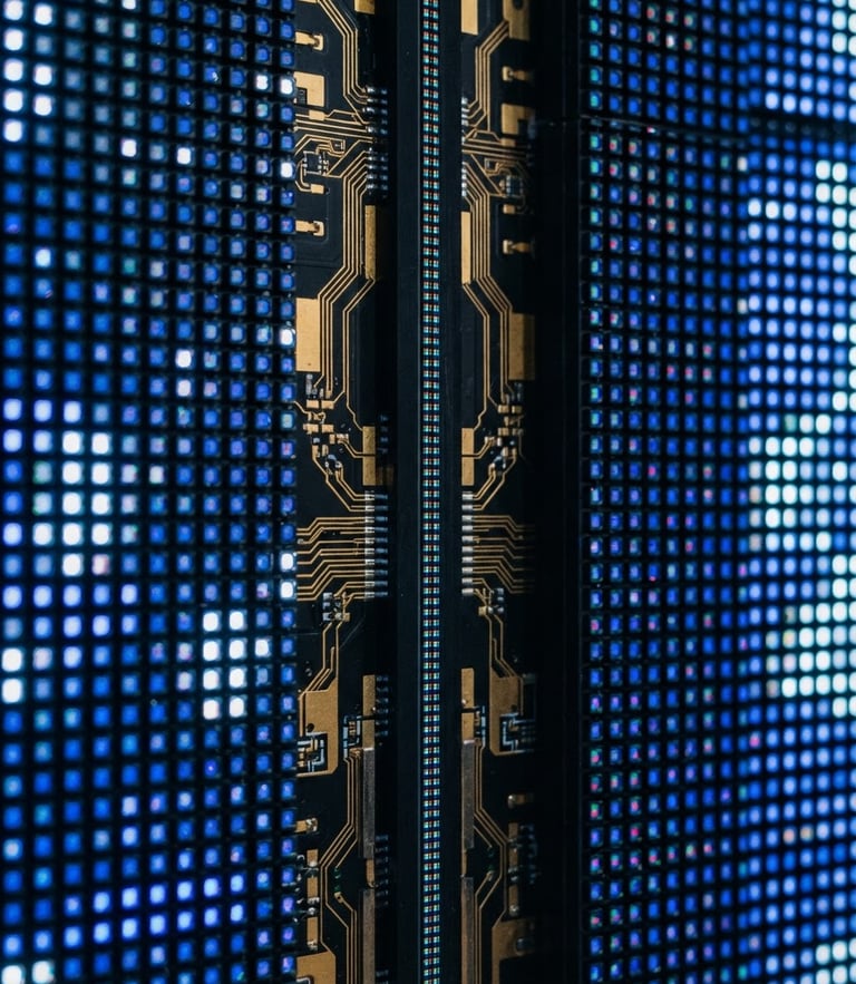 Close-up of a high-definition LED panel seam, showing micro-diodes and gold wiring under clean architectural studio lighting, 35mm