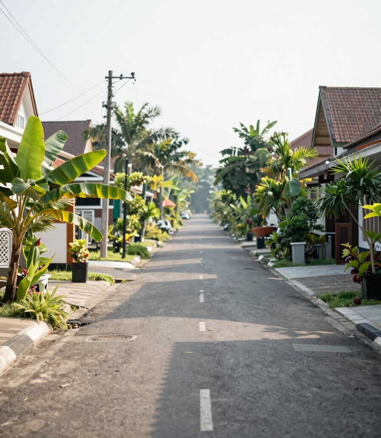 Warm environmental photography of a peaceful Indonesian residential street in Sumedang, bright morning daylight, clean paved roads with green plants