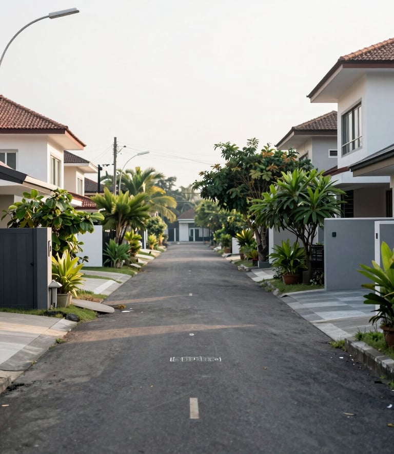 Straight-on medium shot of a clean Indonesian residential street with modern houses, warm morning daylight, soft green foliage