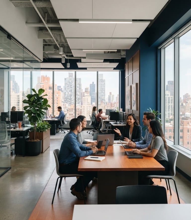 Crisp editorial photograph of a modern corporate office interior with clean architectural lines, natural daylight pouring through large windows, deep blue accents, 50mm lens