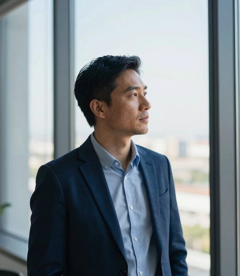 Crisp editorial portrait of a focused professional looking out a large office window, bright natural daylight, deep blue tones, 50mm lens