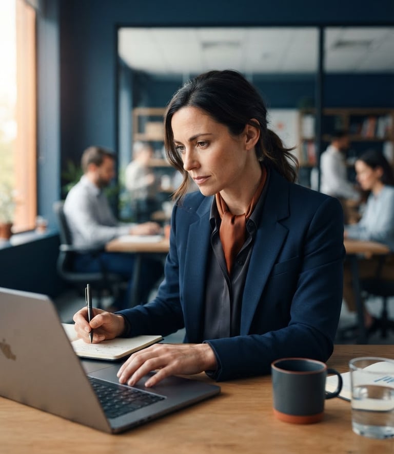 Crisp editorial portrait of a focused professional in natural office daylight, deep blue tones, 50mm lens