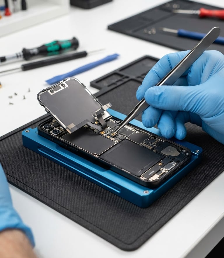 A clean, bright workspace with a technician's hands carefully replacing a smartphone screen using precise tools, macro lens focus