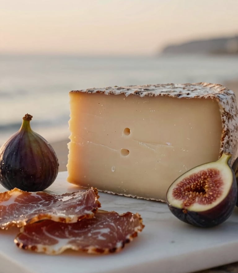 Close-up macro shot of textured artisanal cheeses, glistening cured meats, and fresh figs on a white marble slab, soft coastal golden-hour light, 35mm