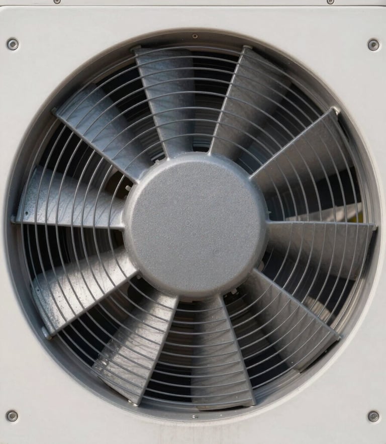 Macro architectural close-up of a high-efficiency heat pump fan, clean metallic and slate gray tones, sharp focus under bright cool daylight.