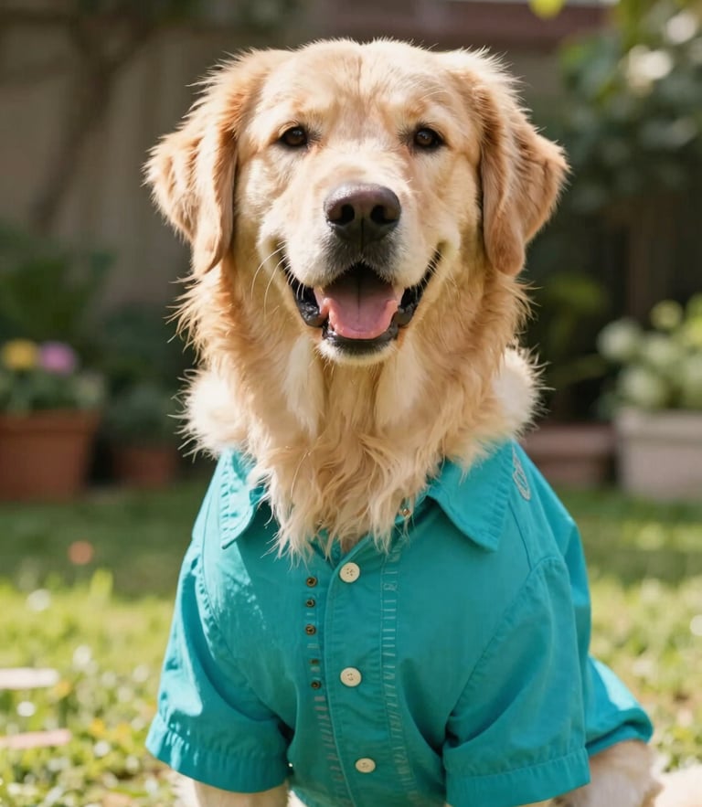 Bright natural-light photography of a happy Golden Retriever wearing a vibrant teal Mexican artisanal shirt in a sunny garden, eye-level shot, 35mm