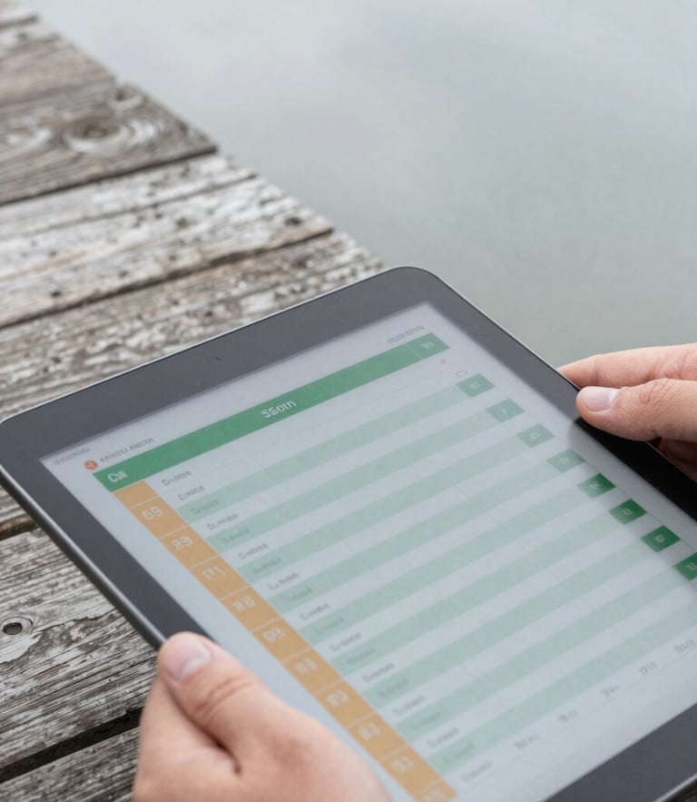 Crisp close-up detail of a hand holding a digital tablet showing a green-and-amber structural checklist, in the background a weathered timber decking joint is visible, overcast daylight, 35mm.