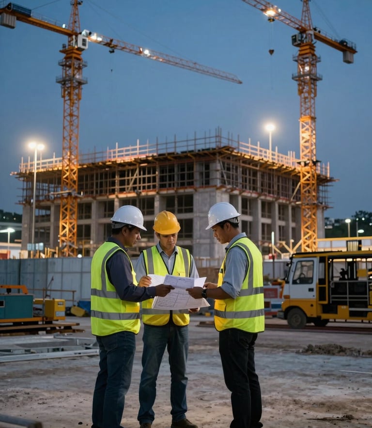 Wide-angle cinematic shot of an active infrastructure development site in Johor at dusk. Two construction supervisors wearing high-visibility vests and hard hats review blueprints together, illuminated by warm overhead site lights. Steel scaffolding and cranes are visible against a deep blue evening sky.