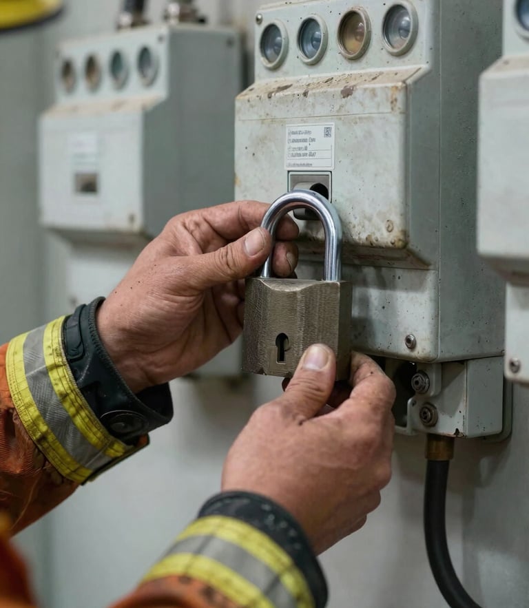Close-up of a technician hands securing a heavy lockout padlock to an electrical isolation switch, weathered flame-resistant gear, gritty industrial daylight.