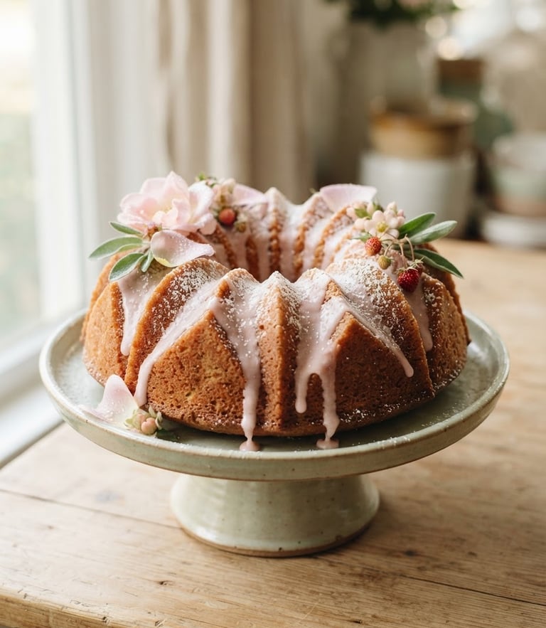 Straight-on eye-level portrait of a whole organic bundt cake with sharp architectural ridges, soft morning window light, pastel pink undertones, shallow depth of field