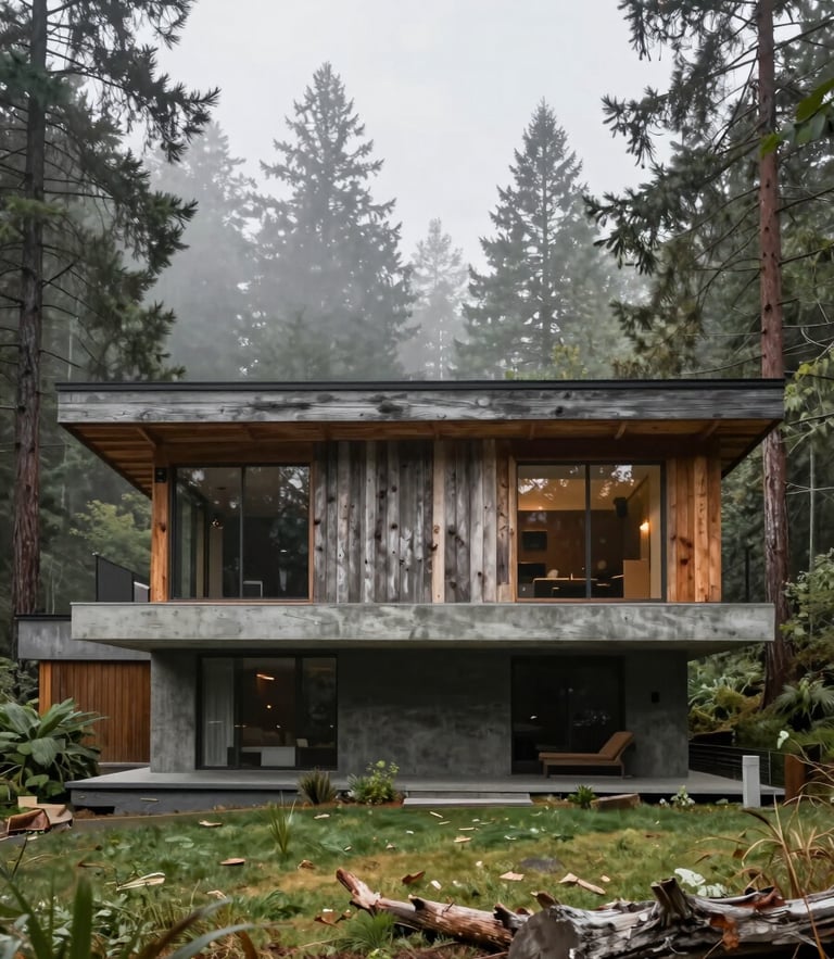 Stark flat-on architectural elevation of a Pacific Northwest modernist home, raw weathered cedar and exposed concrete structural joinery integrated into a misty pine forest, soft overcast daylight, no distortion.