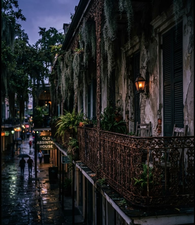 Moody film photography of a decaying French Quarter balcony in New Orleans at twilight, Spanish moss catching the humid air, low-key dramatic lighting, 35mm