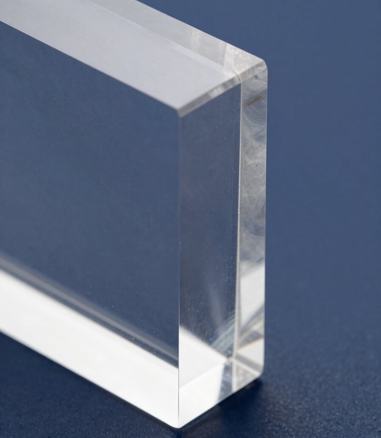 Macro shot of a thick, polished clear acrylic block edge catching sharp studio light, dark blue background, professional corporate setup